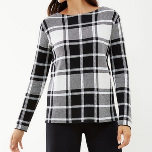 J Jill Black White Plaid Buffalo Check Cozy Knit Long Sleeve Pullover Sweater M - Picture 2 of 16